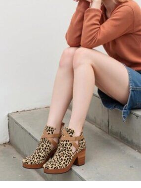 Leopard Suede Platform Round Toe Cutout Ankle Boots Strap Buckle Cork Heels Boot